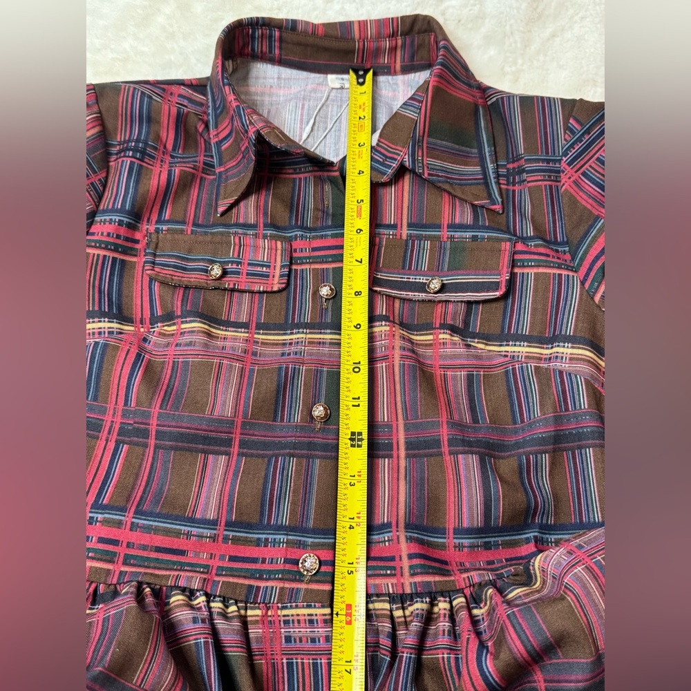 Oyrosy Retro Elegant Classy Lapel Reddish Brown Plaid Maxi Dress w/ Pockets - Picture 13 of 16